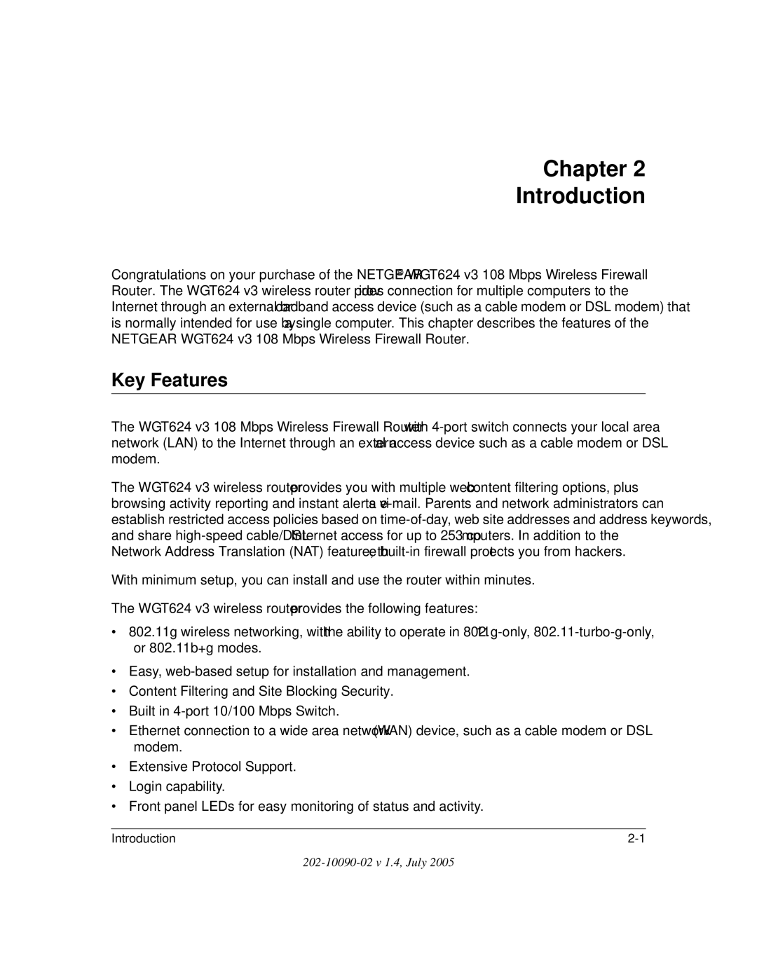 NETGEAR WGT624 V3 manual Chapter Introduction, Key Features 