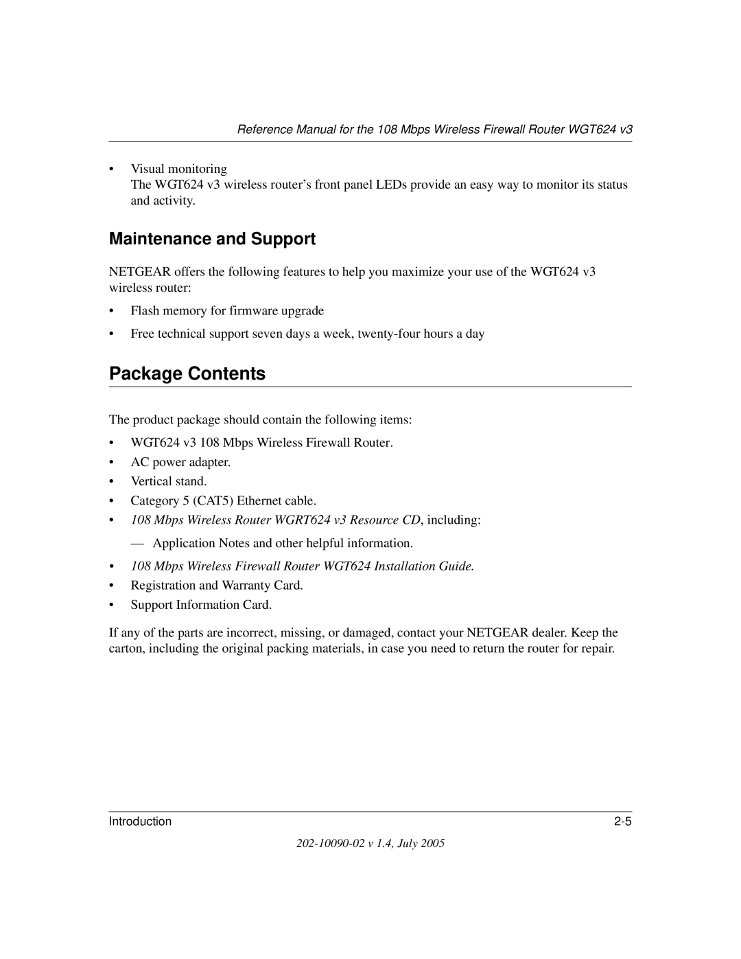 NETGEAR WGT624 V3 manual Package Contents 