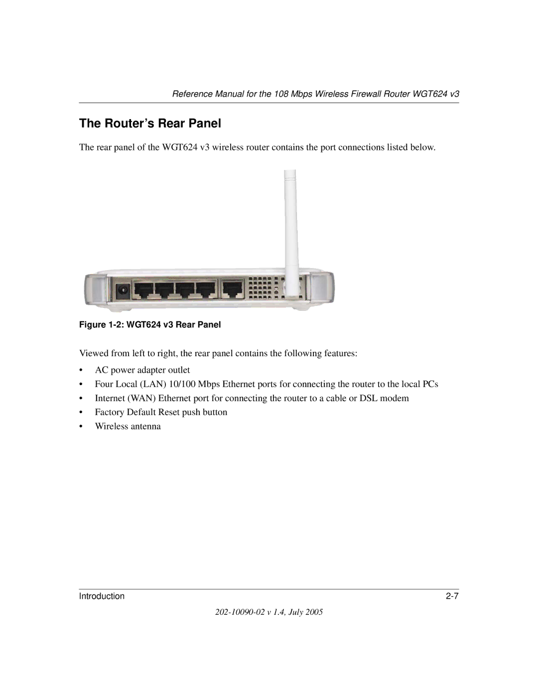 NETGEAR WGT624 V3 manual Router’s Rear Panel, WGT624 v3 Rear Panel 