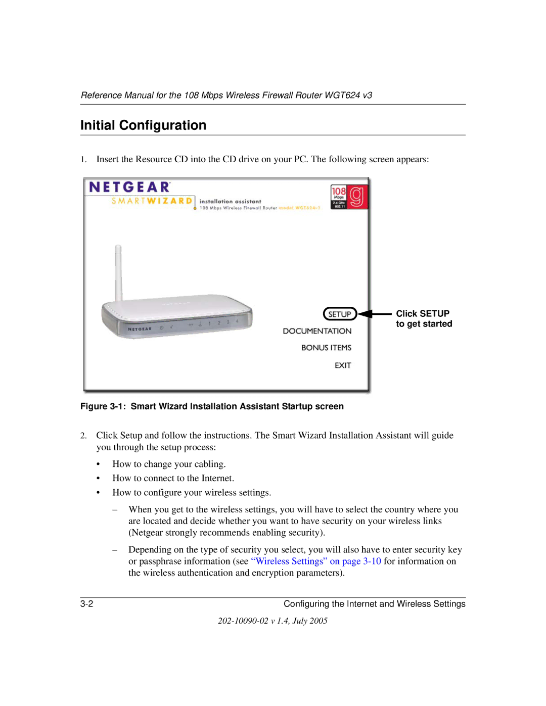 NETGEAR WGT624 V3 manual Initial Configuration, Smart Wizard Installation Assistant Startup screen 