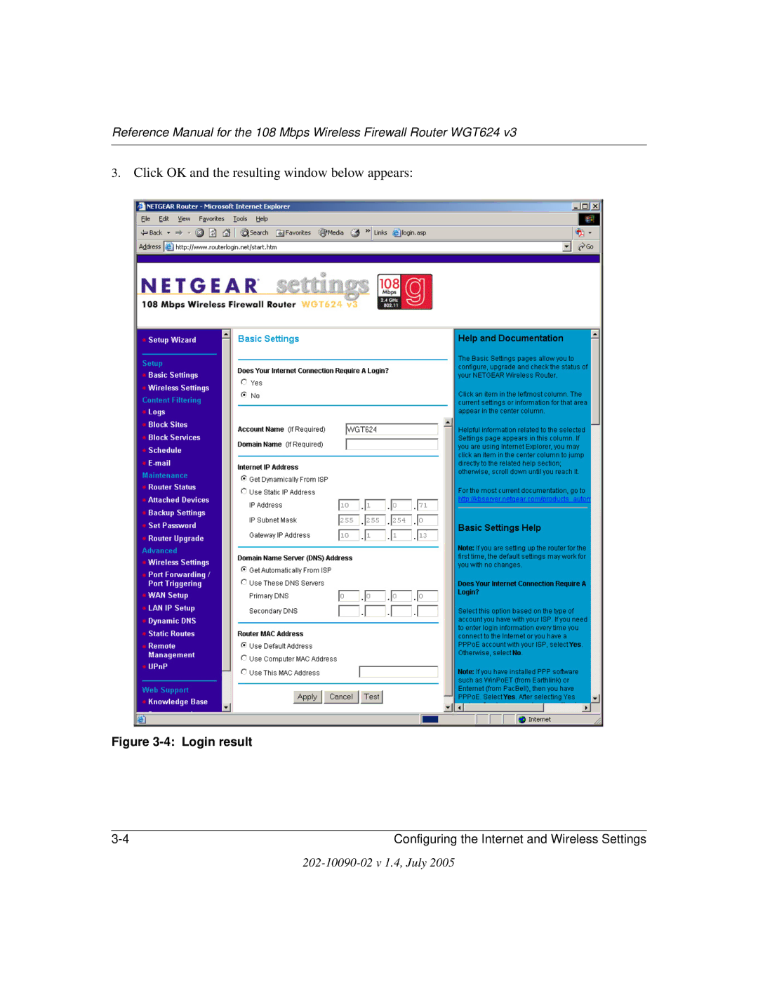 NETGEAR WGT624 V3 manual Click OK and the resulting window below appears 