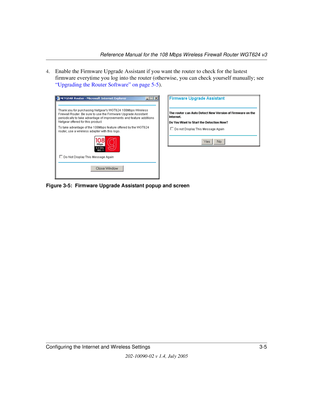 NETGEAR WGT624 V3 manual Firmware Upgrade Assistant popup and screen 