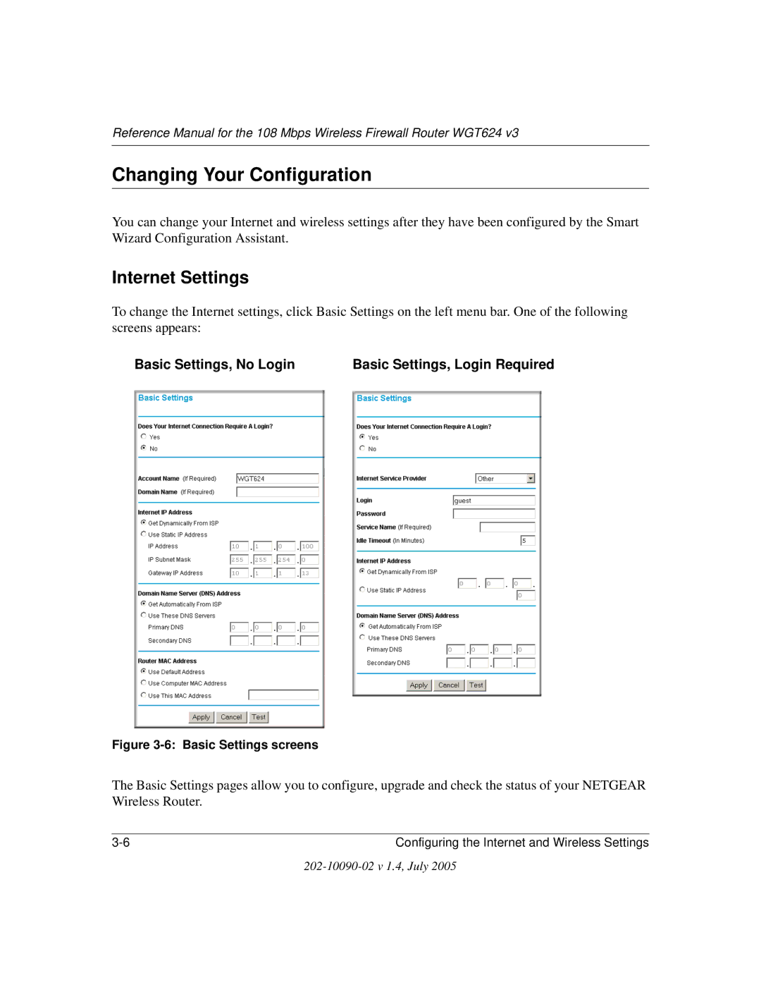 NETGEAR WGT624 V3 manual Changing Your Configuration, Internet Settings 