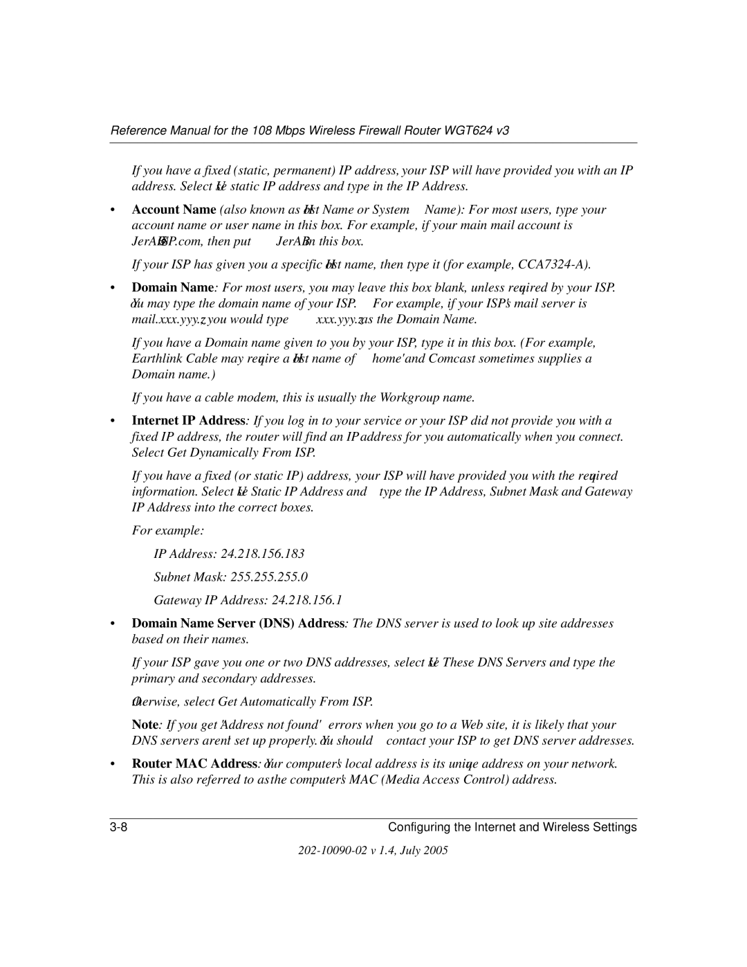 NETGEAR WGT624 V3 manual Configuring the Internet and Wireless Settings 