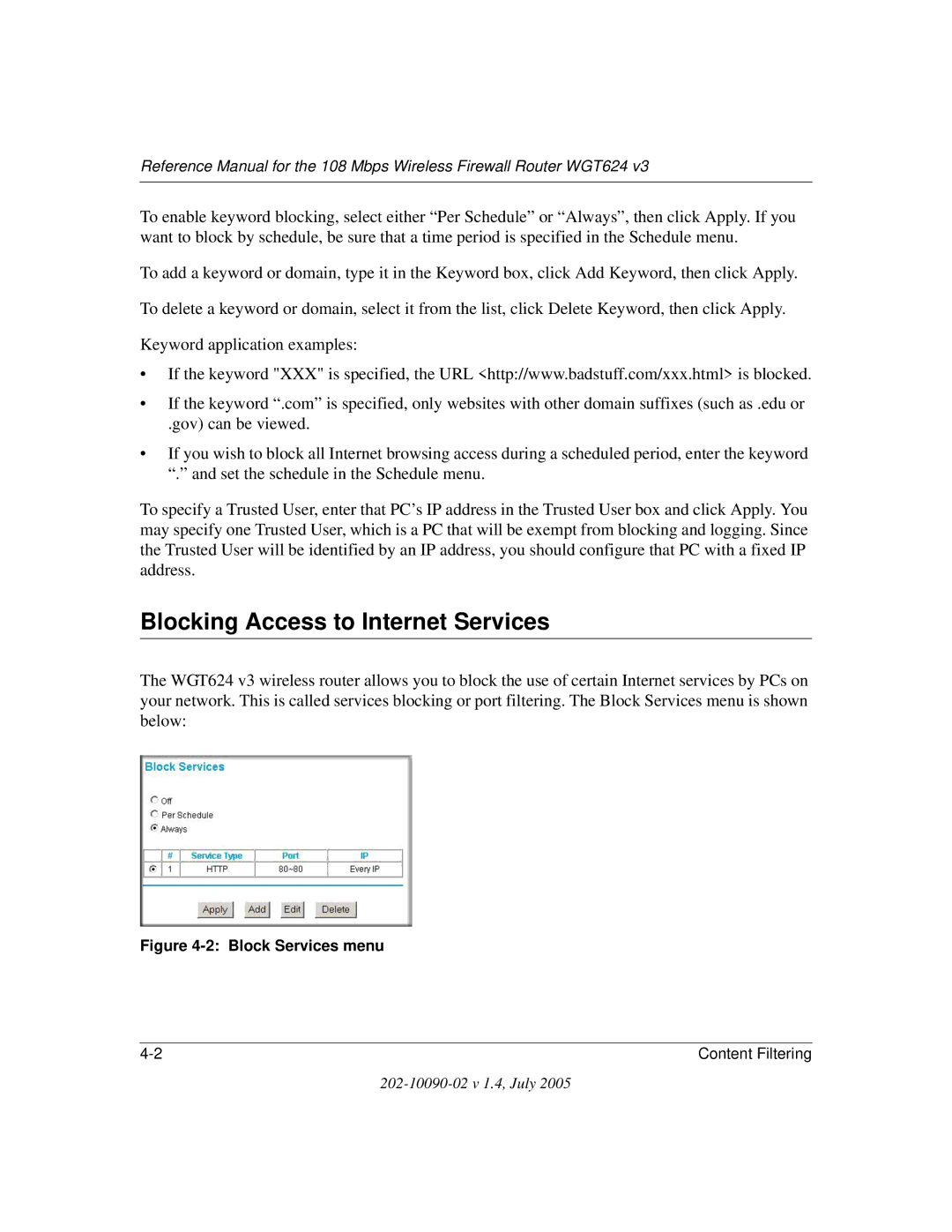 NETGEAR WGT624 V3 manual Blocking Access to Internet Services, Block Services menu 