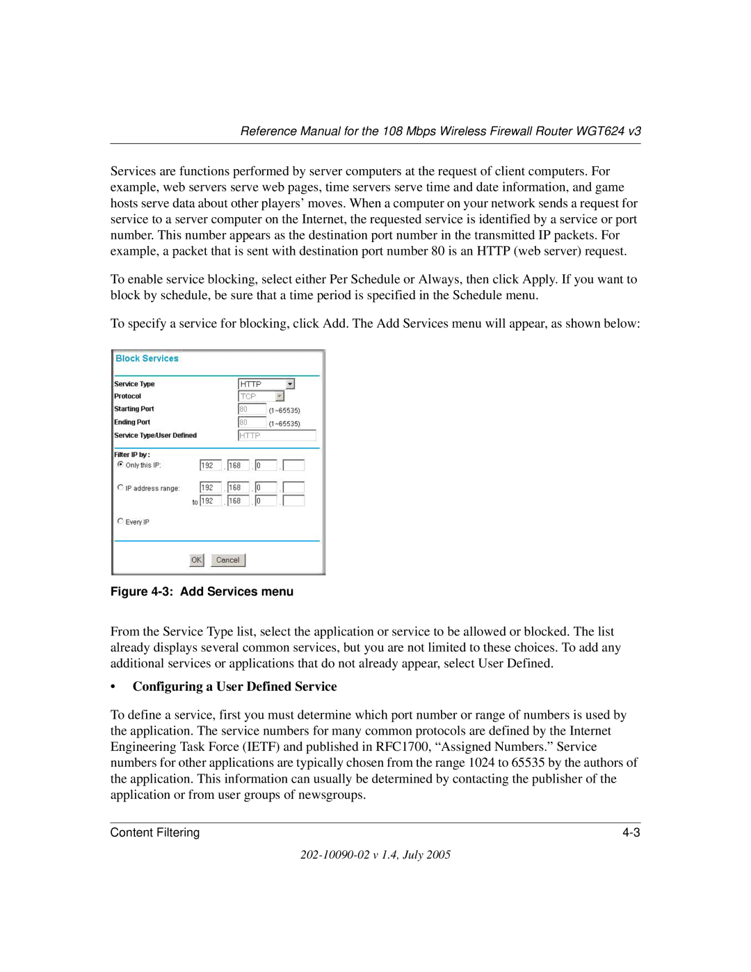 NETGEAR WGT624 V3 manual Configuring a User Defined Service, Add Services menu 