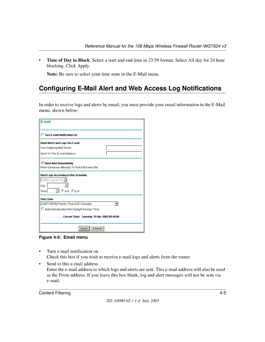 NETGEAR WGT624 V3 manual Configuring E-Mail Alert and Web Access Log Notifications, Email menu 