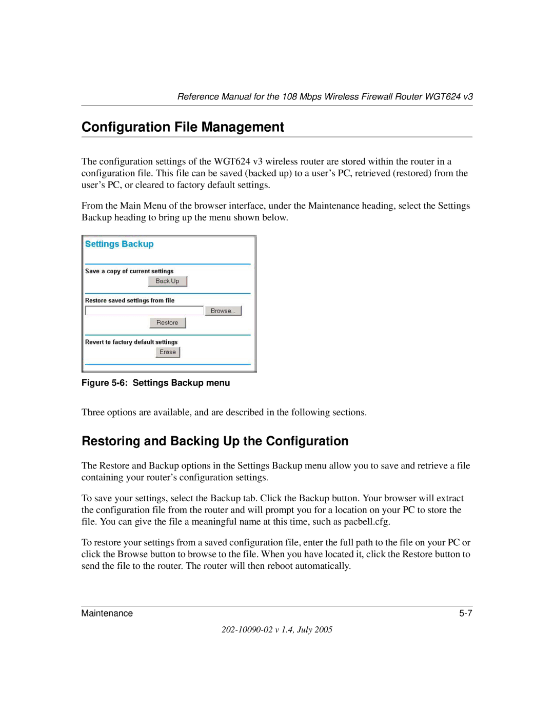 NETGEAR WGT624 V3 manual Configuration File Management, Restoring and Backing Up the Configuration 