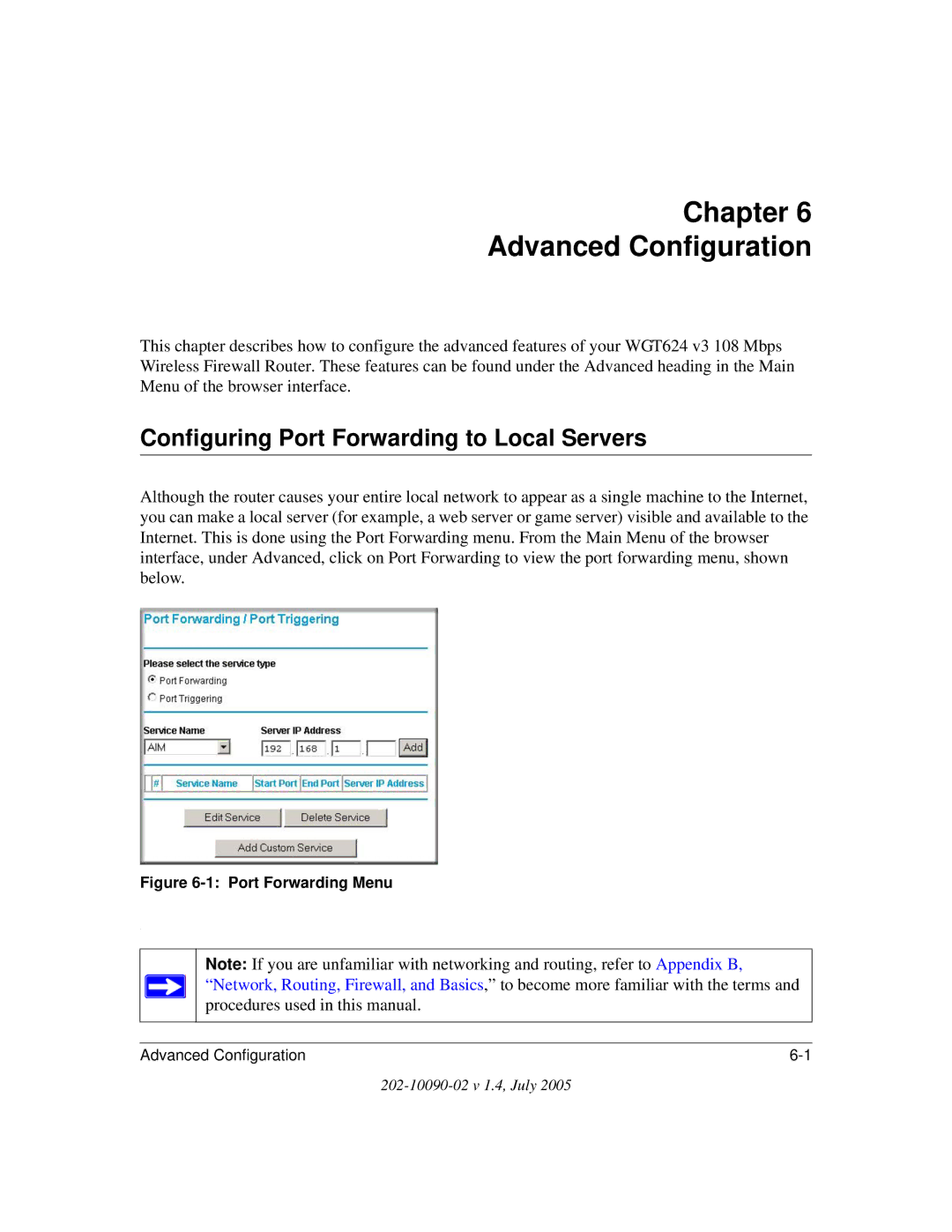 NETGEAR WGT624 V3 manual Chapter Advanced Configuration, Configuring Port Forwarding to Local Servers 