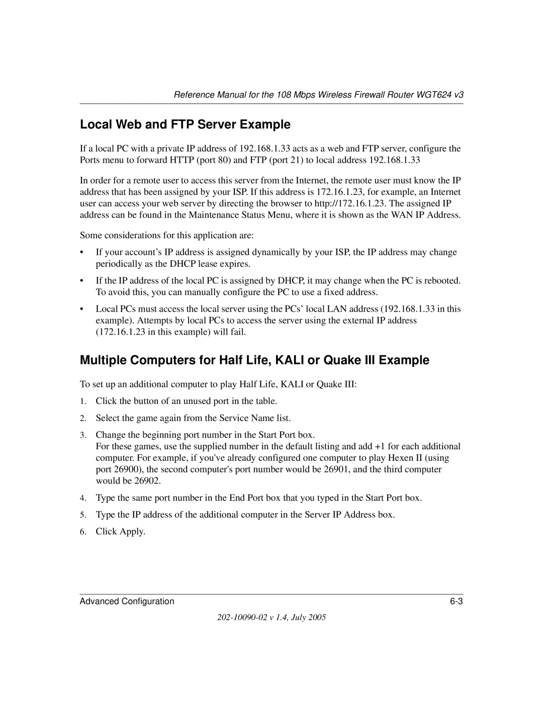 NETGEAR WGT624 V3 manual Local Web and FTP Server Example, Multiple Computers for Half Life, Kali or Quake III Example 