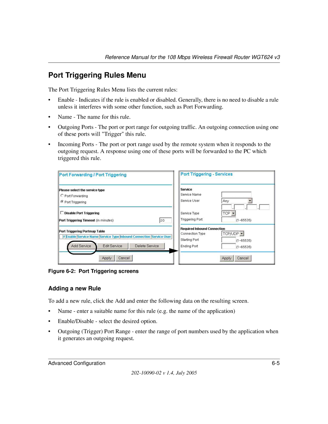 NETGEAR WGT624 V3 manual Port Triggering Rules Menu, Adding a new Rule 