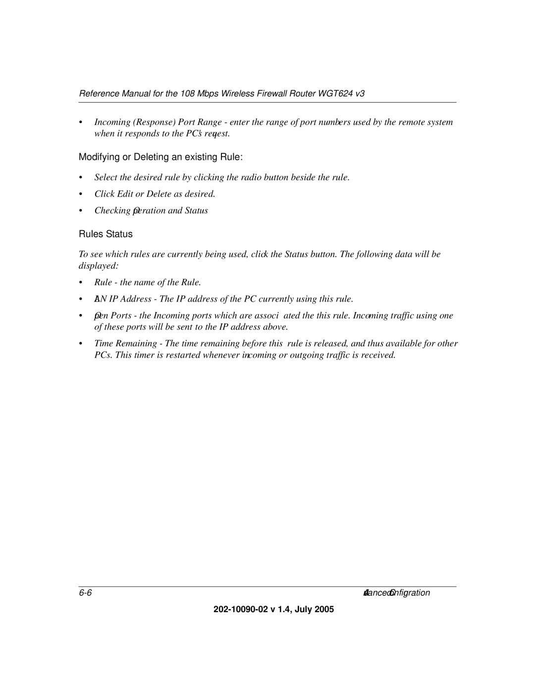 NETGEAR WGT624 V3 manual Modifying or Deleting an existing Rule 