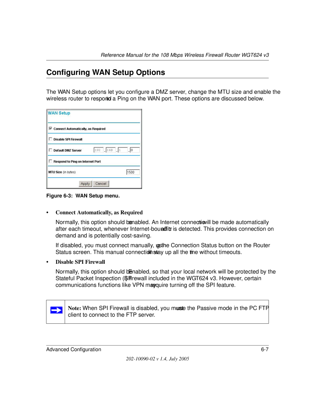 NETGEAR WGT624 V3 manual Configuring WAN Setup Options, Connect Automatically, as Required, Disable SPI Firewall 