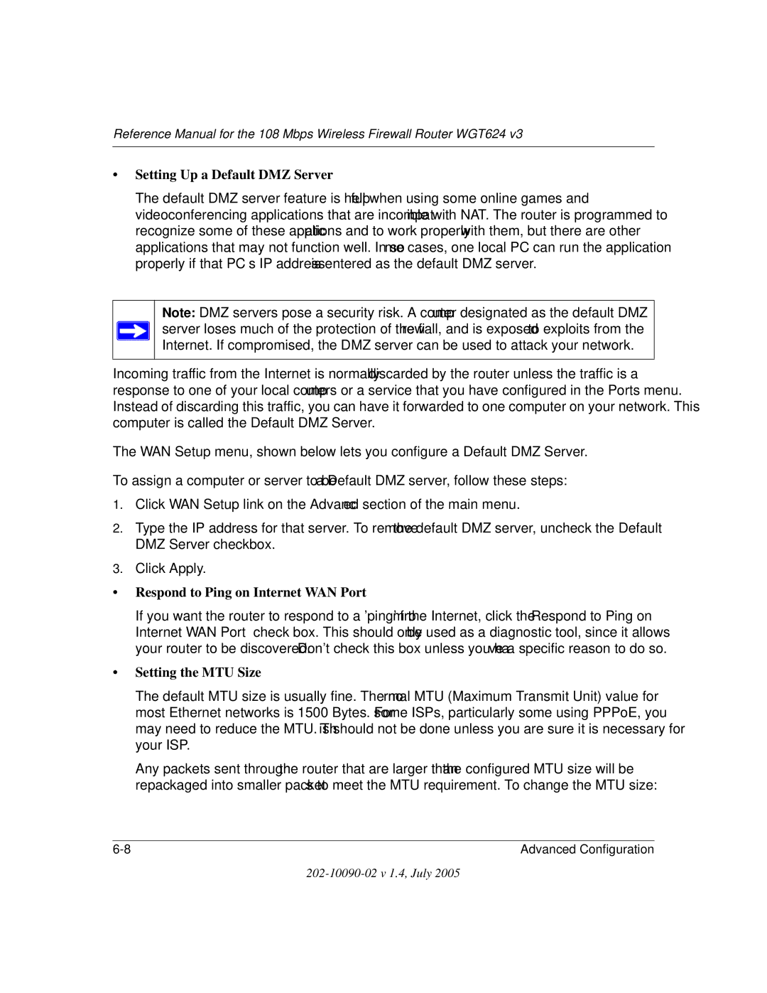 NETGEAR WGT624 V3 manual Setting Up a Default DMZ Server, Respond to Ping on Internet WAN Port, Setting the MTU Size 