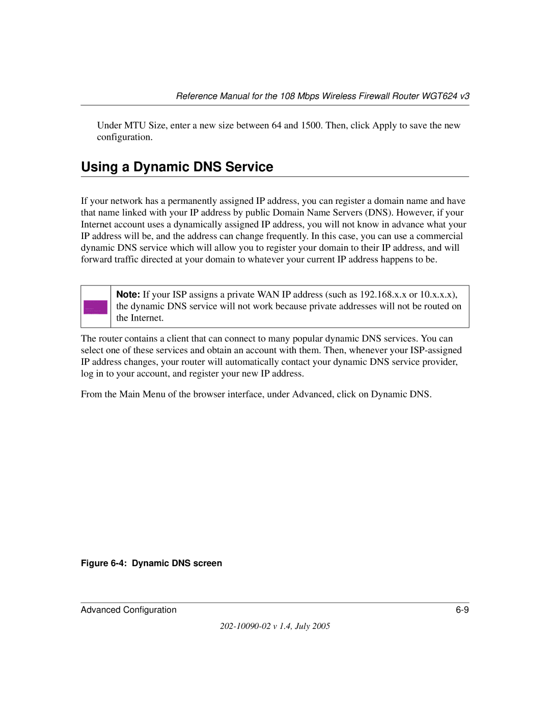 NETGEAR WGT624 V3 manual Using a Dynamic DNS Service, Dynamic DNS screen 