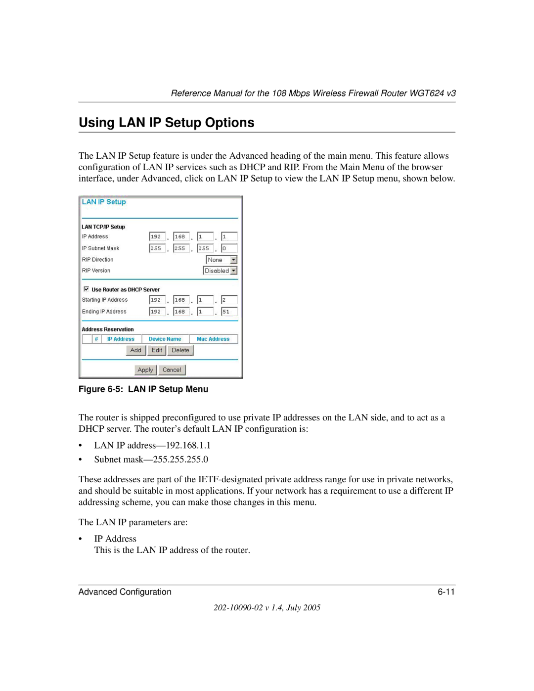 NETGEAR WGT624 V3 manual Using LAN IP Setup Options, LAN IP Setup Menu 