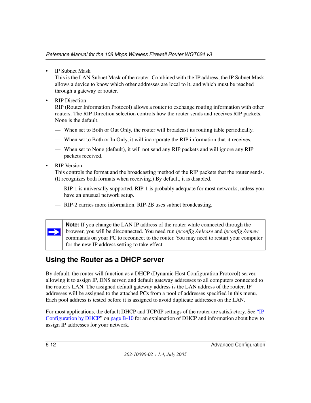 NETGEAR WGT624 V3 manual Using the Router as a Dhcp server 