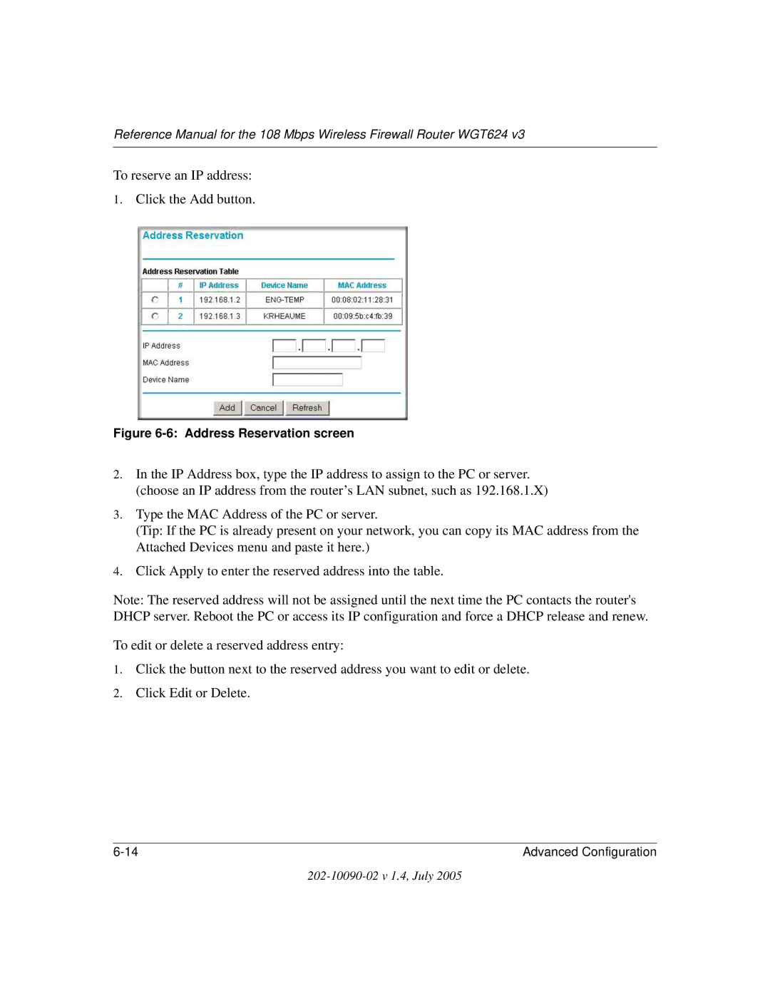 NETGEAR WGT624 V3 manual To reserve an IP address Click the Add button 