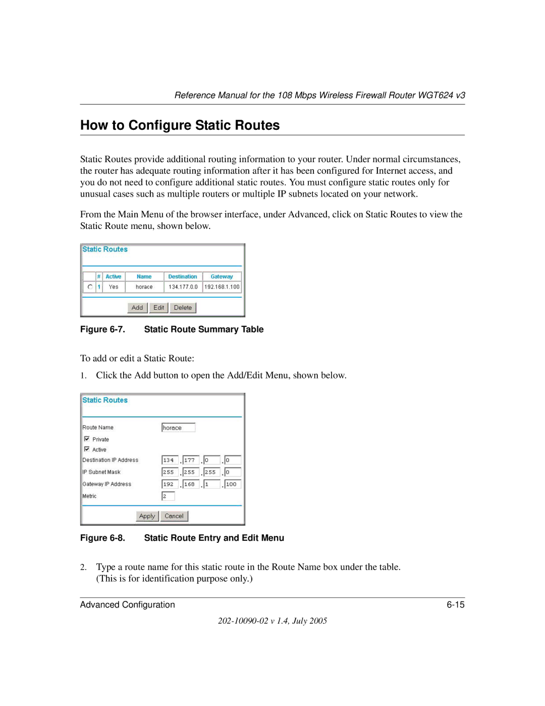 NETGEAR WGT624 V3 manual How to Configure Static Routes, Static Route Summary Table 