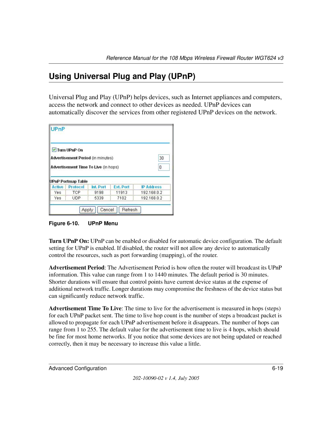 NETGEAR WGT624 V3 manual Using Universal Plug and Play UPnP, UPnP Menu 