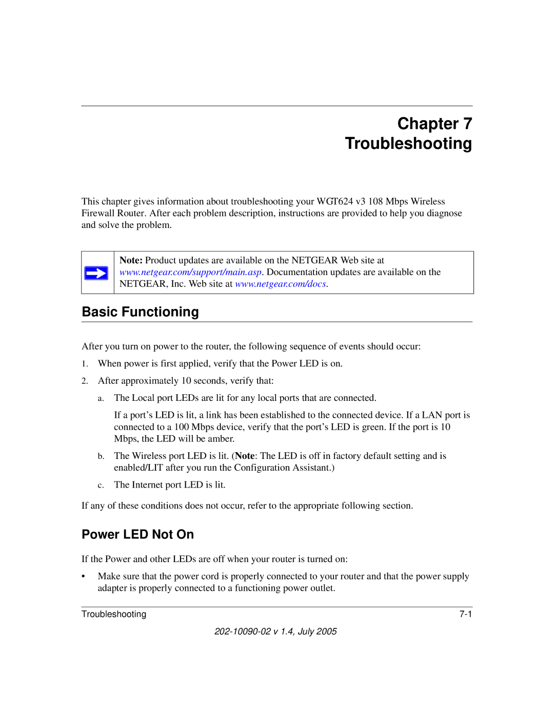 NETGEAR WGT624 V3 manual Chapter Troubleshooting, Basic Functioning, Power LED Not On 