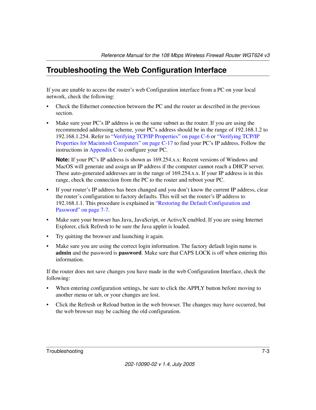 NETGEAR WGT624 V3 manual Troubleshooting the Web Configuration Interface 