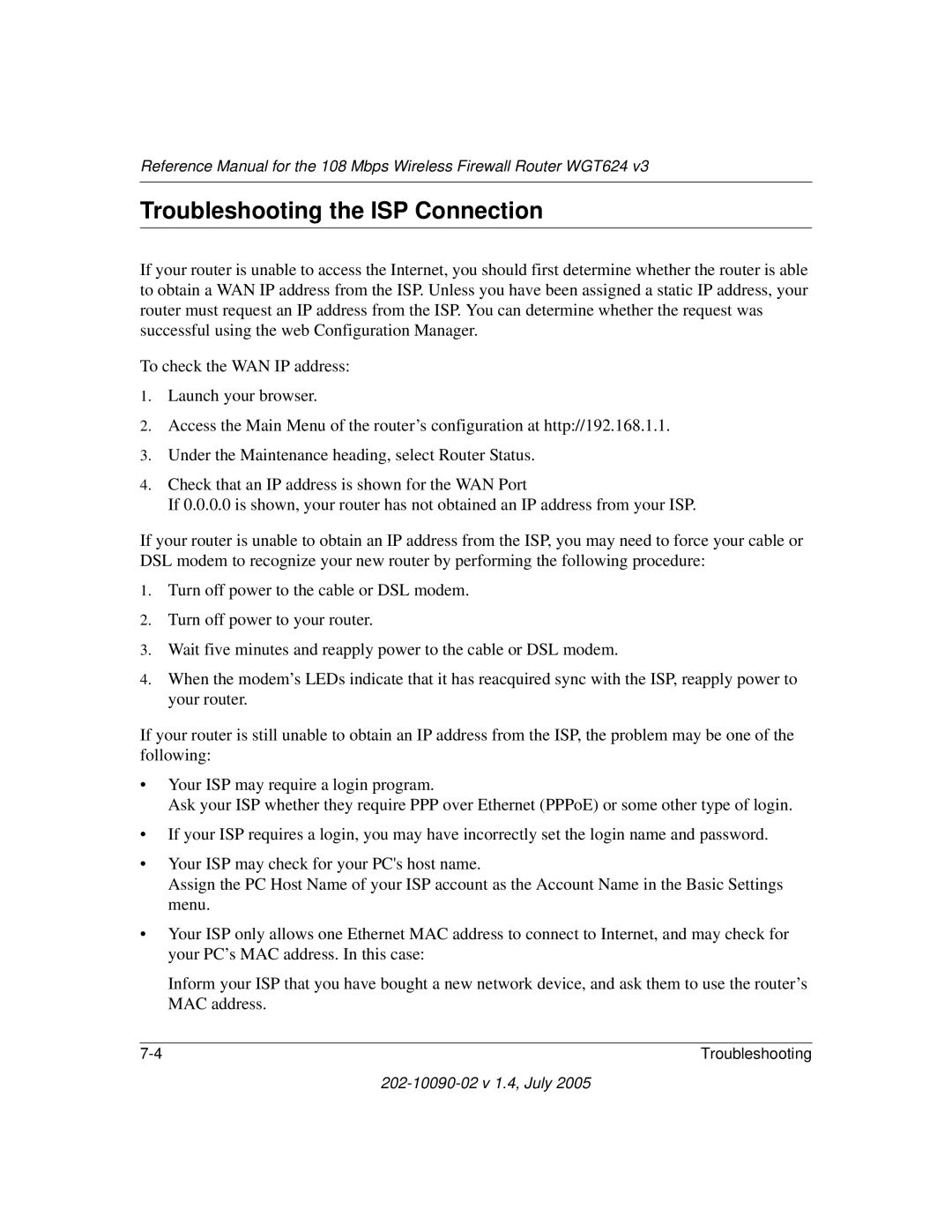 NETGEAR WGT624 V3 manual Troubleshooting the ISP Connection 