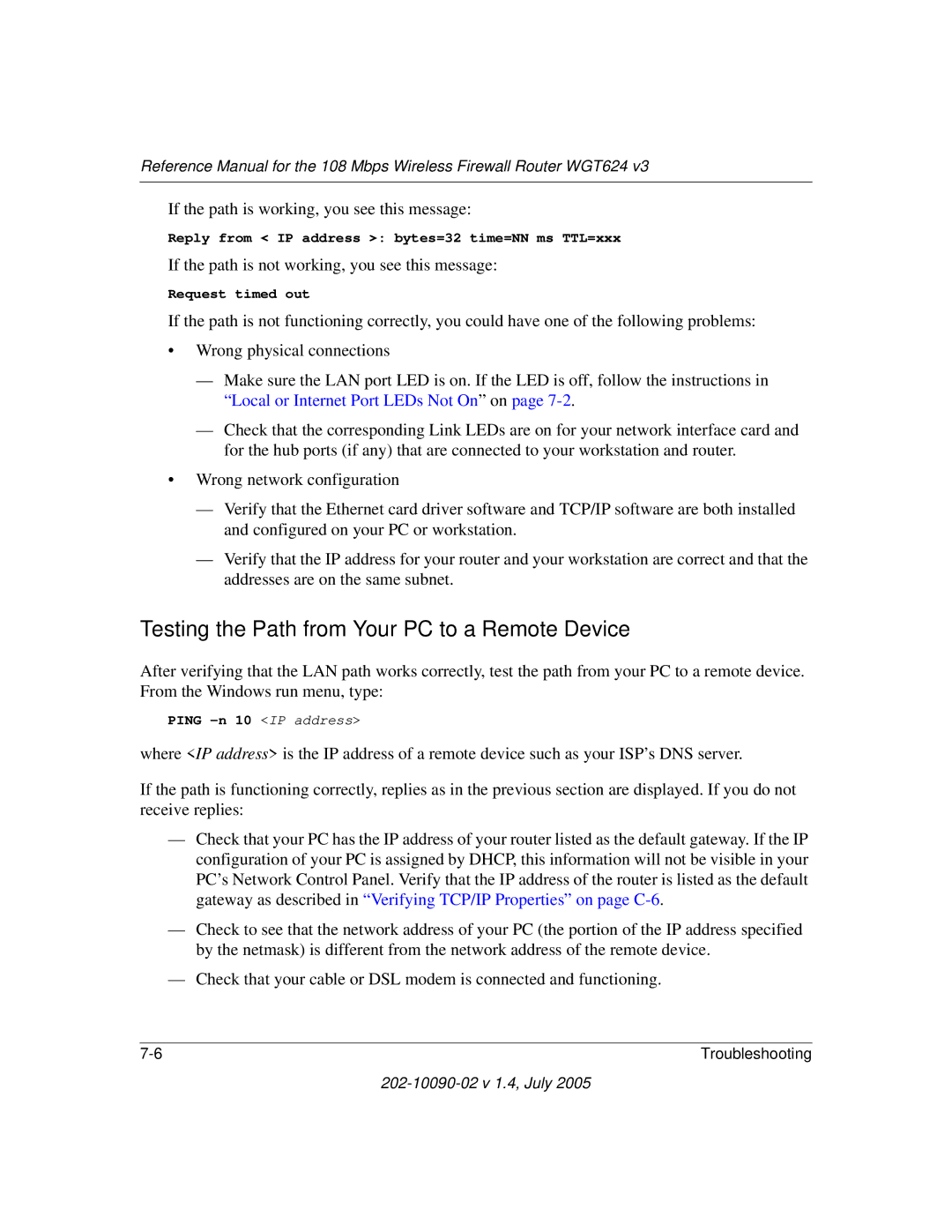 NETGEAR WGT624 V3 manual Testing the Path from Your PC to a Remote Device 