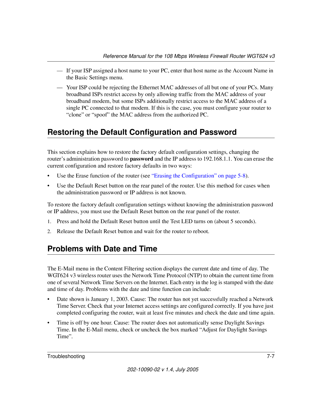 NETGEAR WGT624 V3 manual Restoring the Default Configuration and Password, Problems with Date and Time 