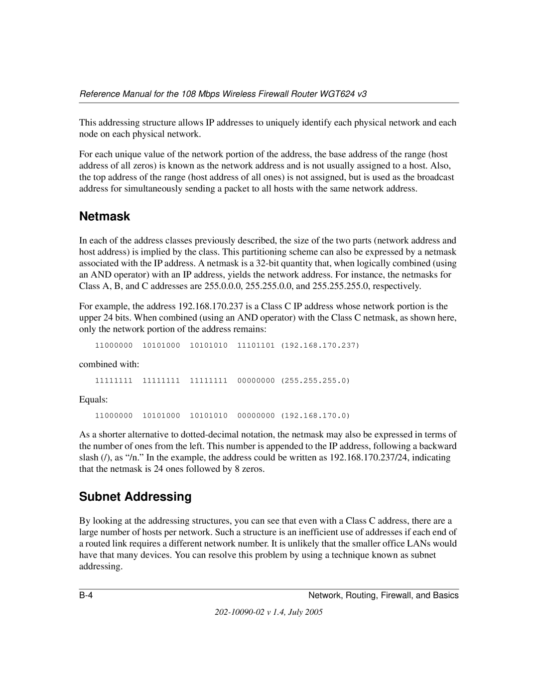 NETGEAR WGT624 V3 manual Netmask, Subnet Addressing 