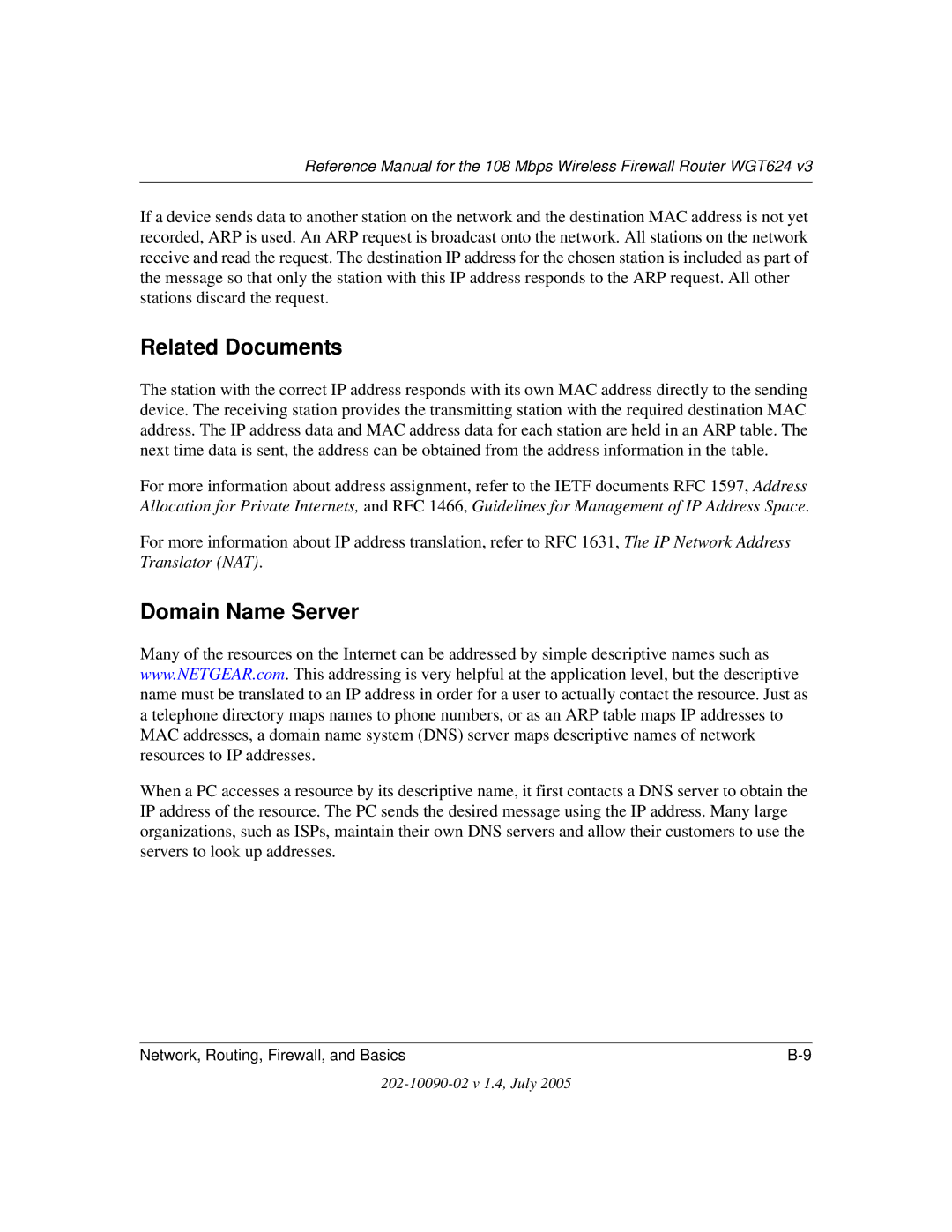 NETGEAR WGT624 V3 manual Related Documents, Domain Name Server 