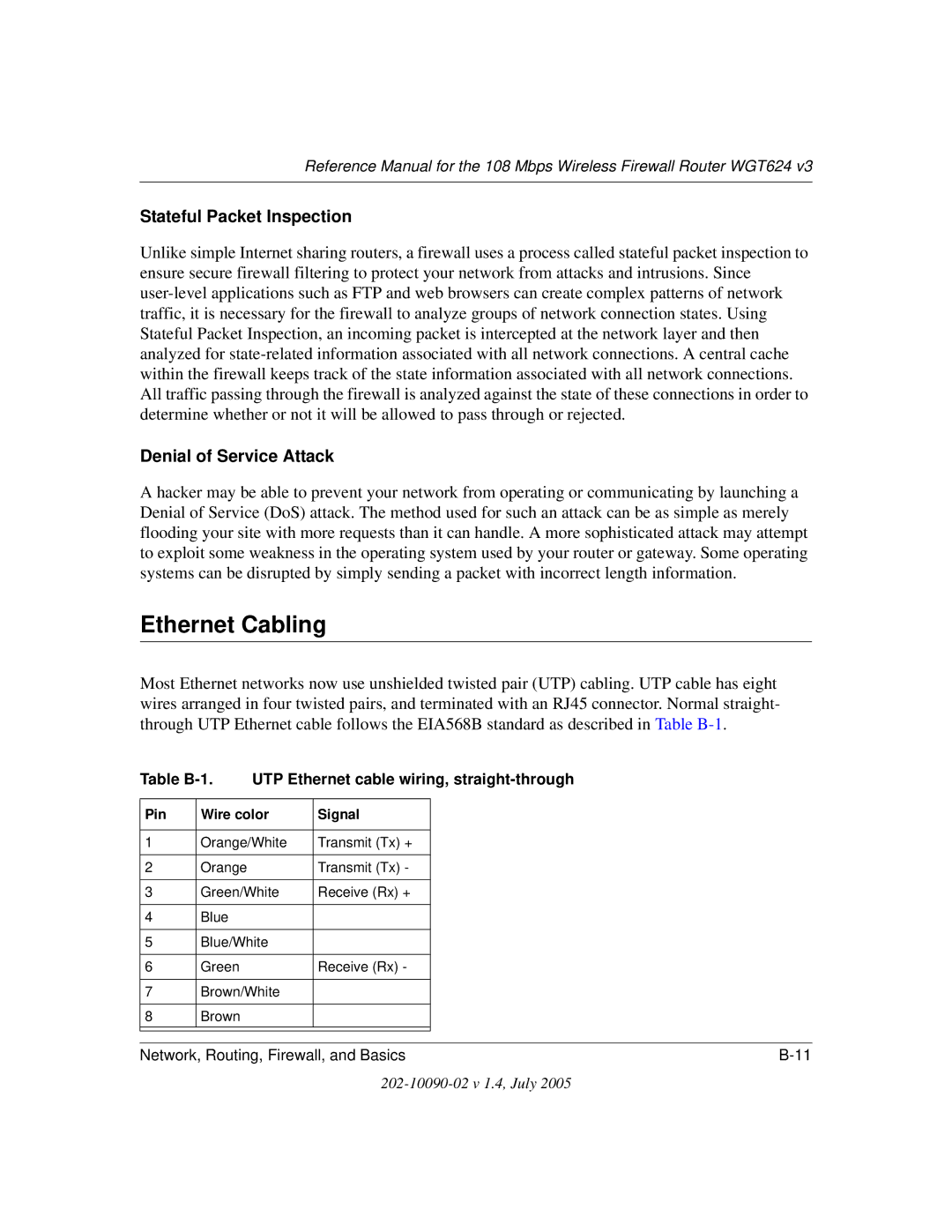 NETGEAR WGT624 V3 manual Ethernet Cabling, Stateful Packet Inspection 