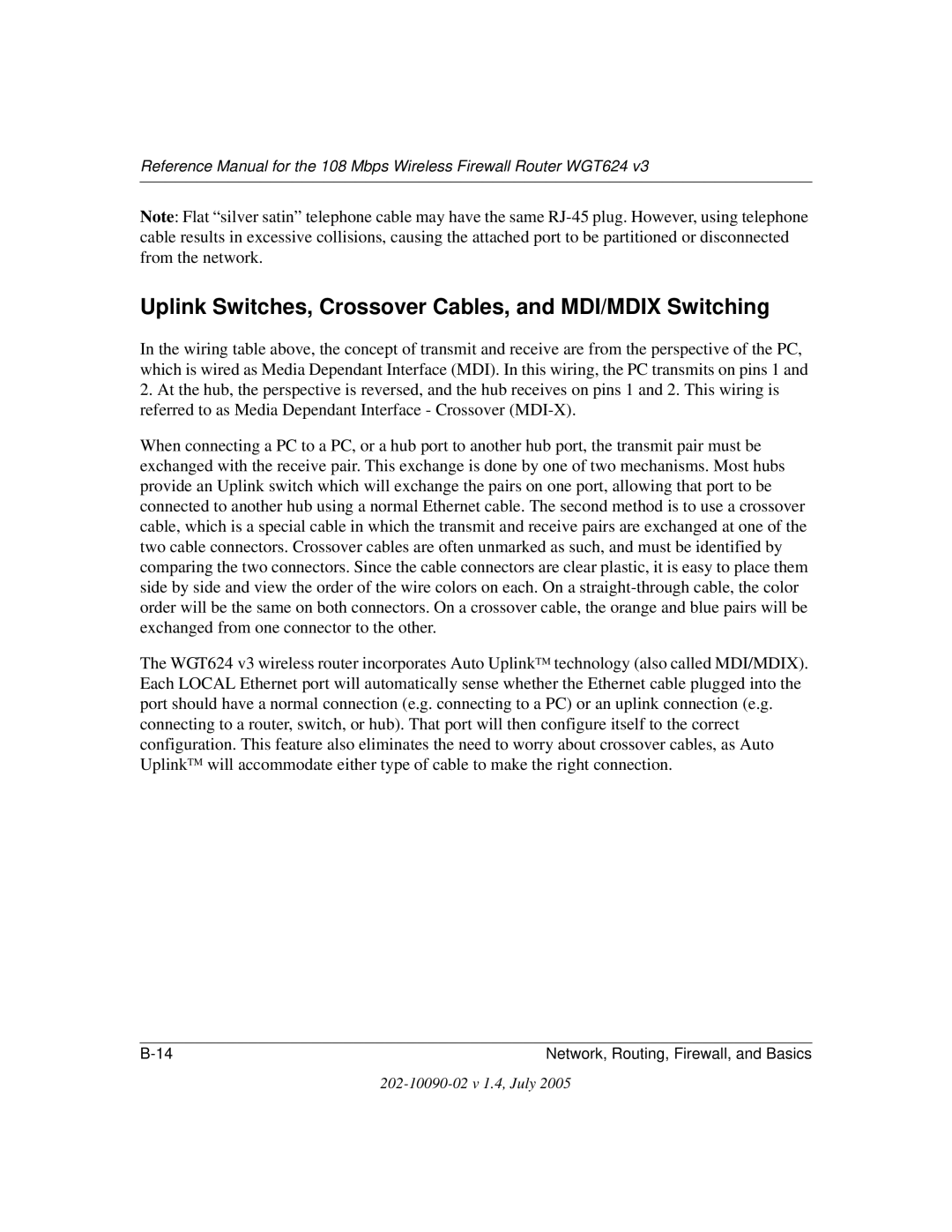 NETGEAR WGT624 V3 manual Uplink Switches, Crossover Cables, and MDI/MDIX Switching 