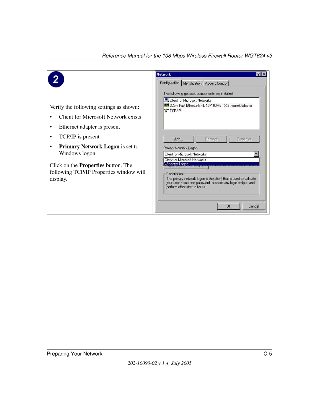 NETGEAR WGT624 V3 manual Primary Network Logon is set to Windows logon 