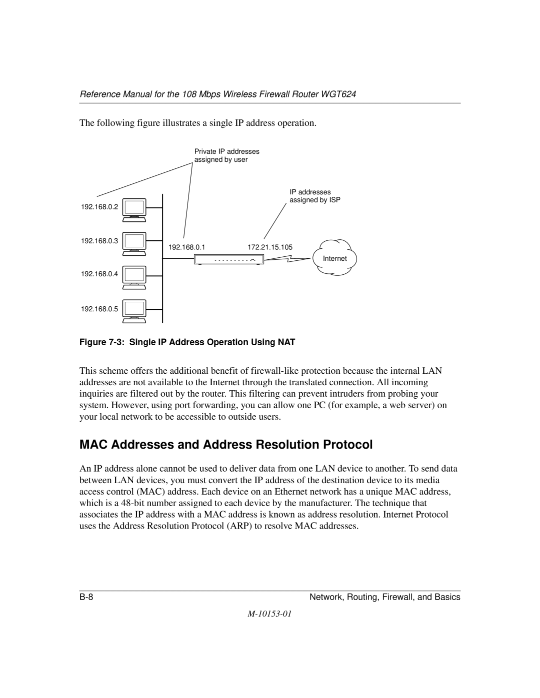 NETGEAR WGT624 MAC Addresses and Address Resolution Protocol, Following figure illustrates a single IP address operation 