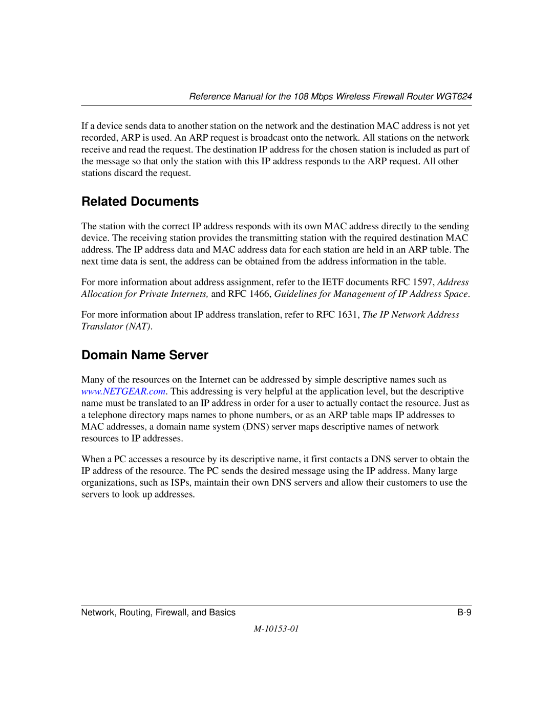 NETGEAR WGT624 manual Related Documents, Domain Name Server 