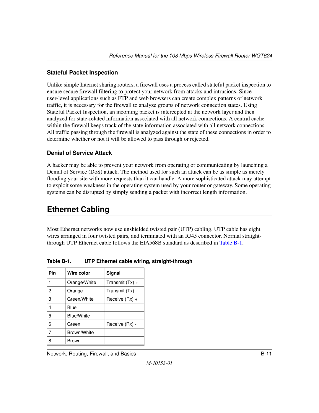 NETGEAR WGT624 manual Ethernet Cabling, Stateful Packet Inspection 