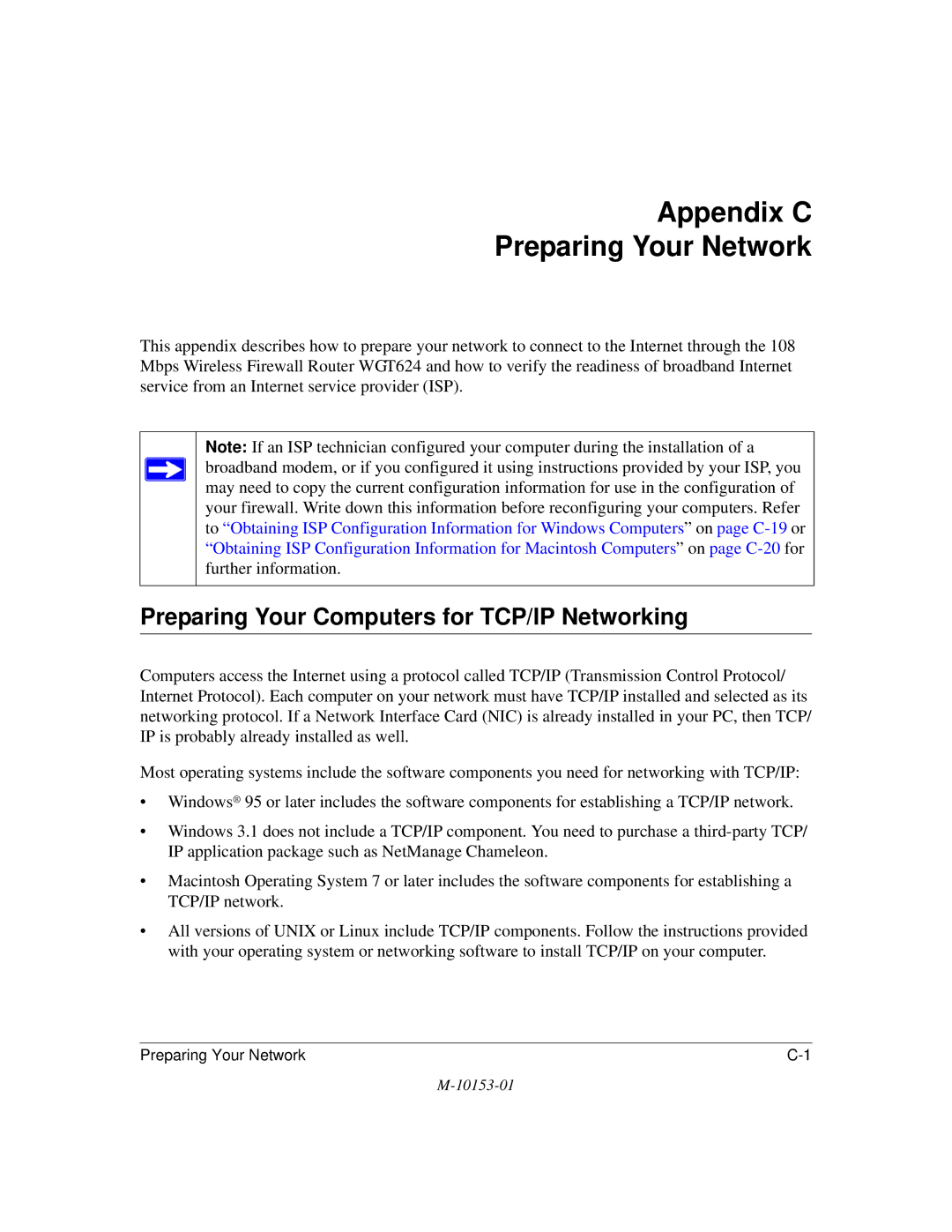 NETGEAR WGT624 manual Appendix C Preparing Your Network, Preparing Your Computers for TCP/IP Networking 