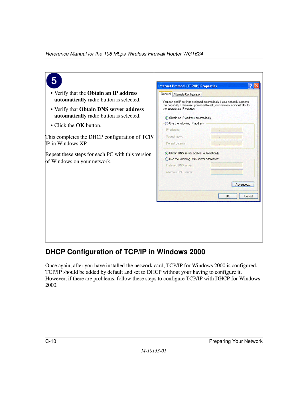 NETGEAR WGT624 manual Dhcp Configuration of TCP/IP in Windows 