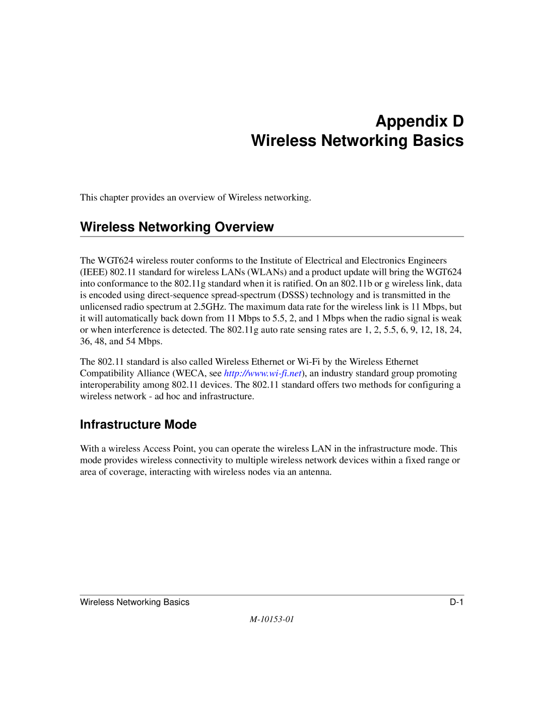 NETGEAR WGT624 manual Appendix D Wireless Networking Basics, Wireless Networking Overview, Infrastructure Mode 