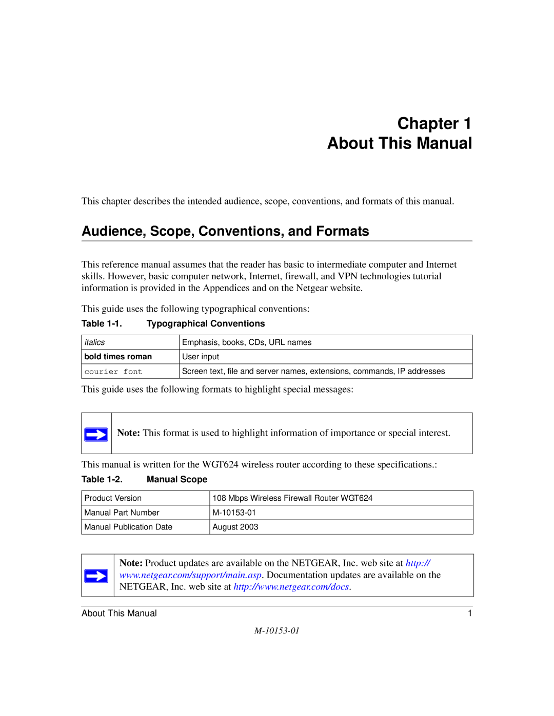 NETGEAR WGT624 manual Chapter About This Manual, Audience, Scope, Conventions, and Formats 