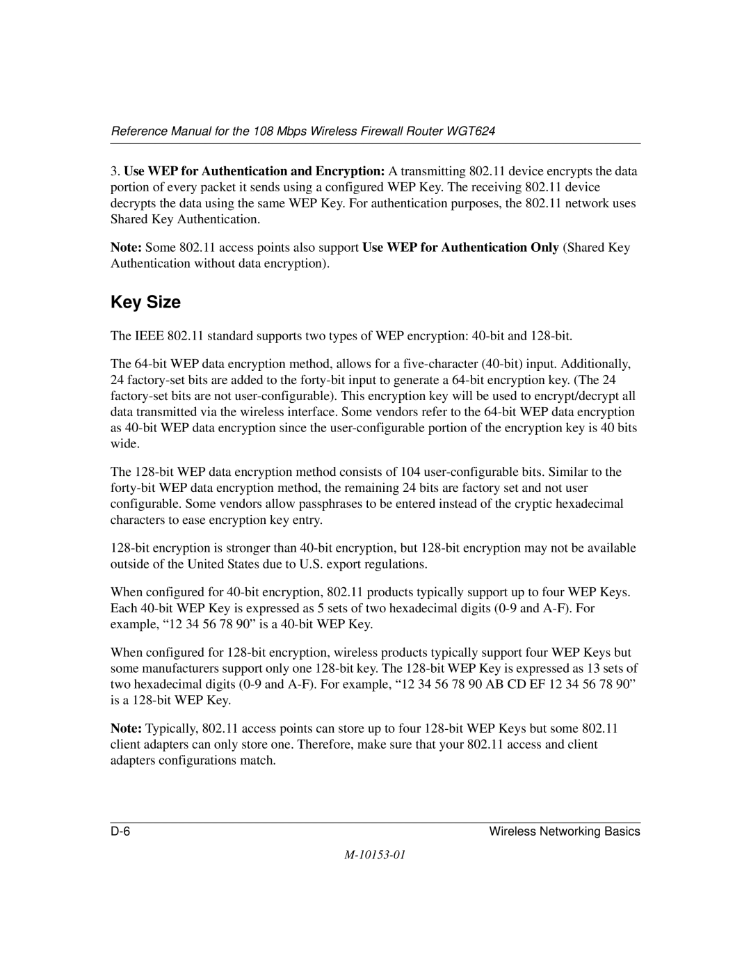 NETGEAR WGT624 manual Key Size 