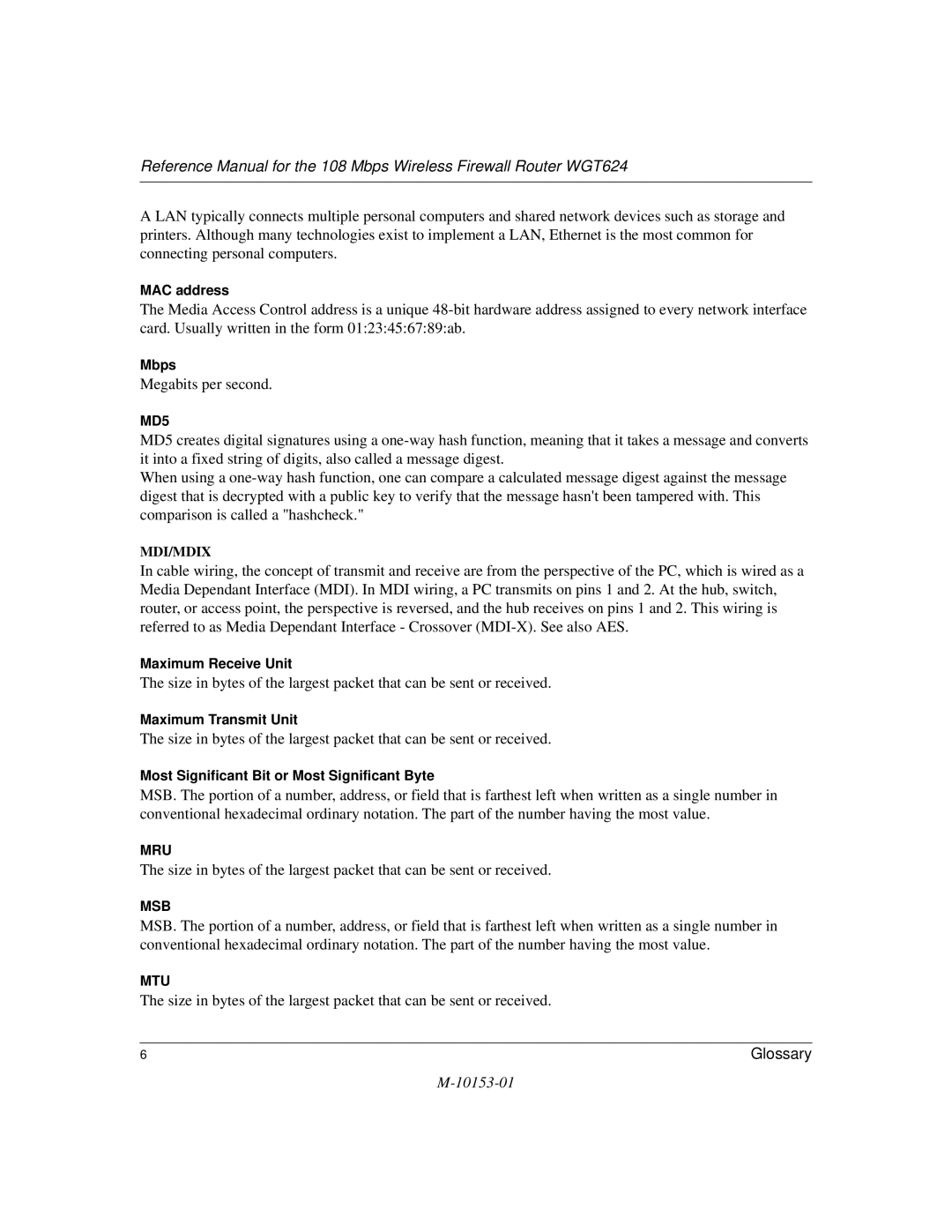 NETGEAR WGT624 manual Megabits per second 