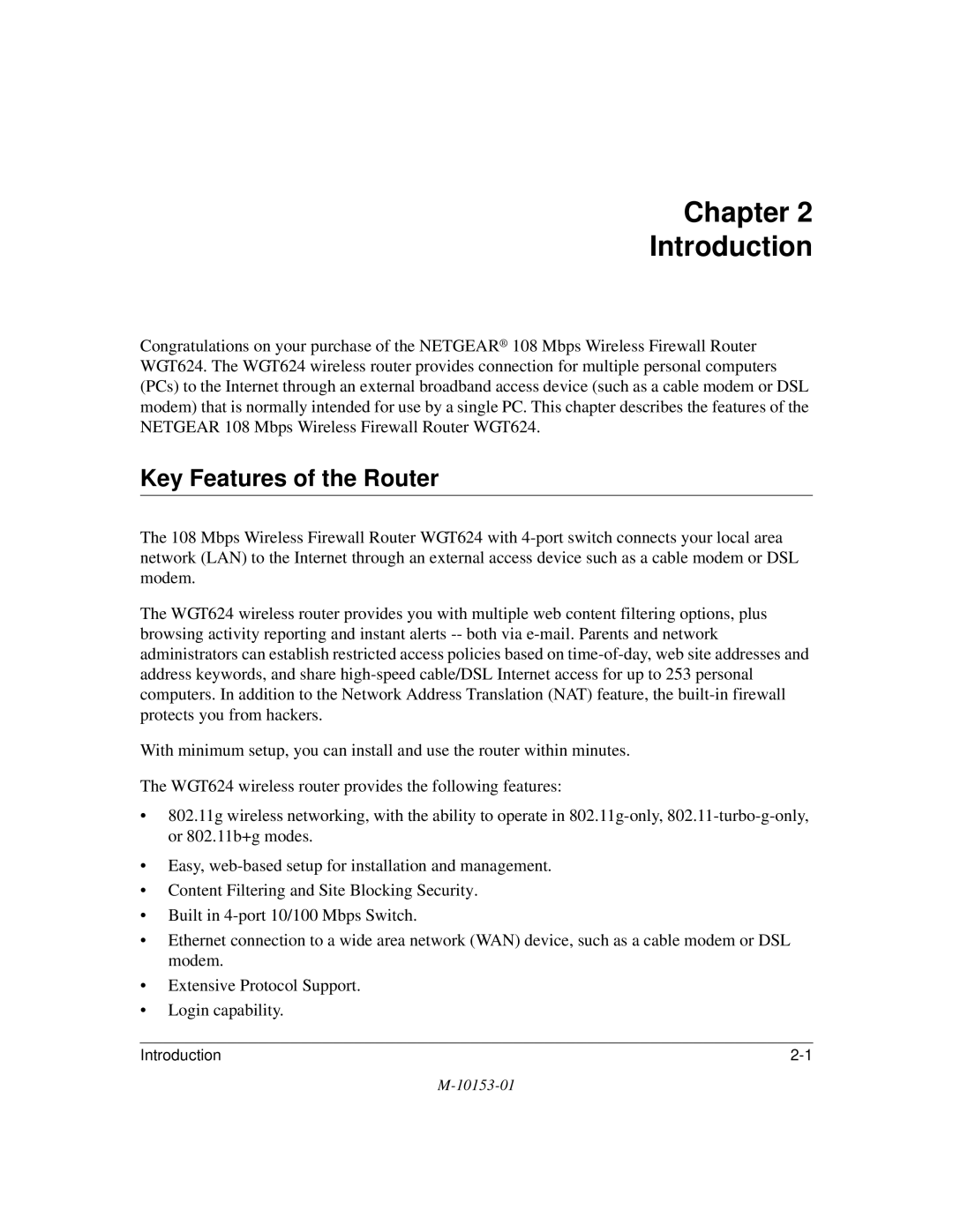 NETGEAR WGT624 manual Chapter Introduction, Key Features of the Router 