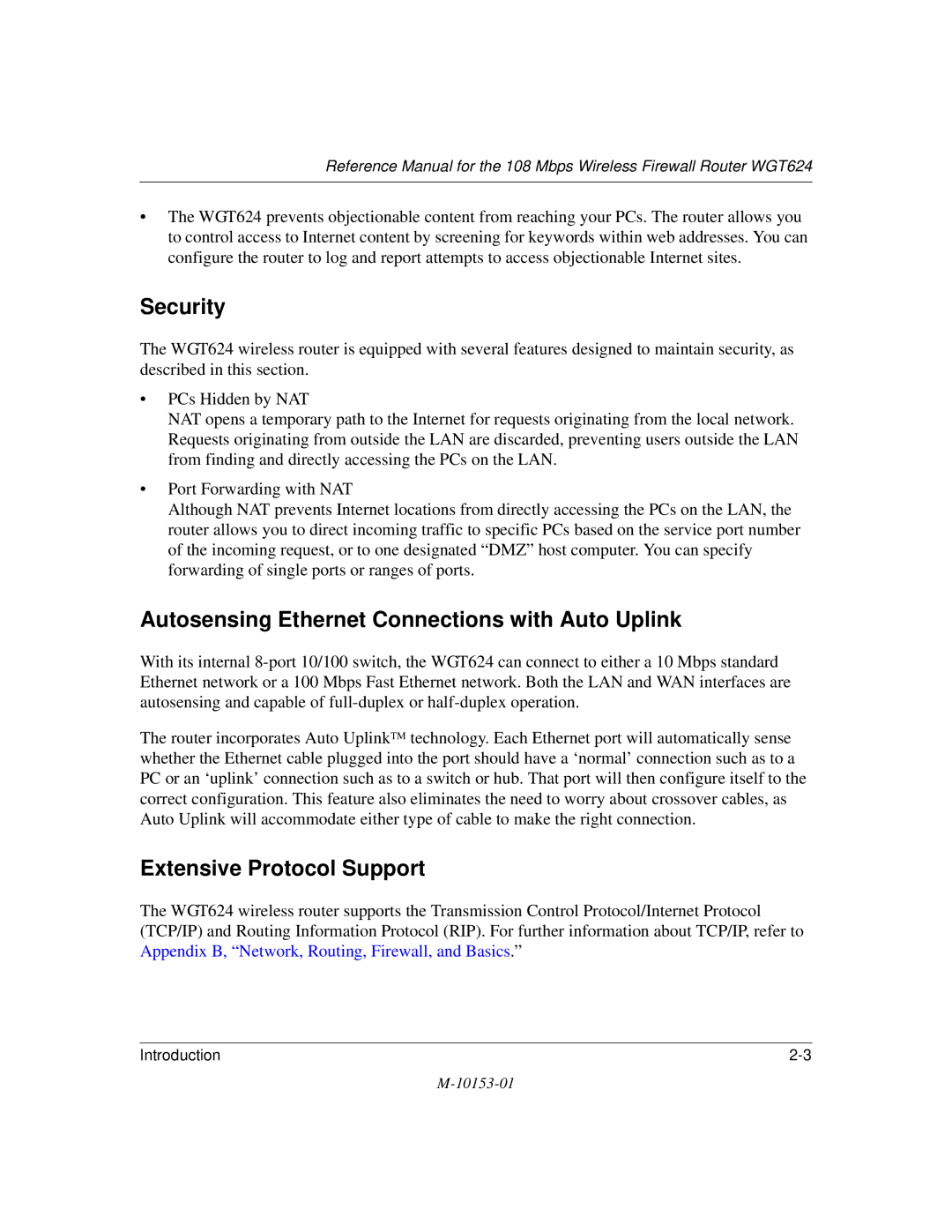 NETGEAR WGT624 manual Security, Autosensing Ethernet Connections with Auto Uplink, Extensive Protocol Support 