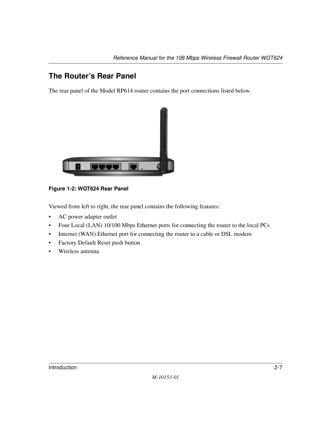 NETGEAR manual Router’s Rear Panel, WGT624 Rear Panel 