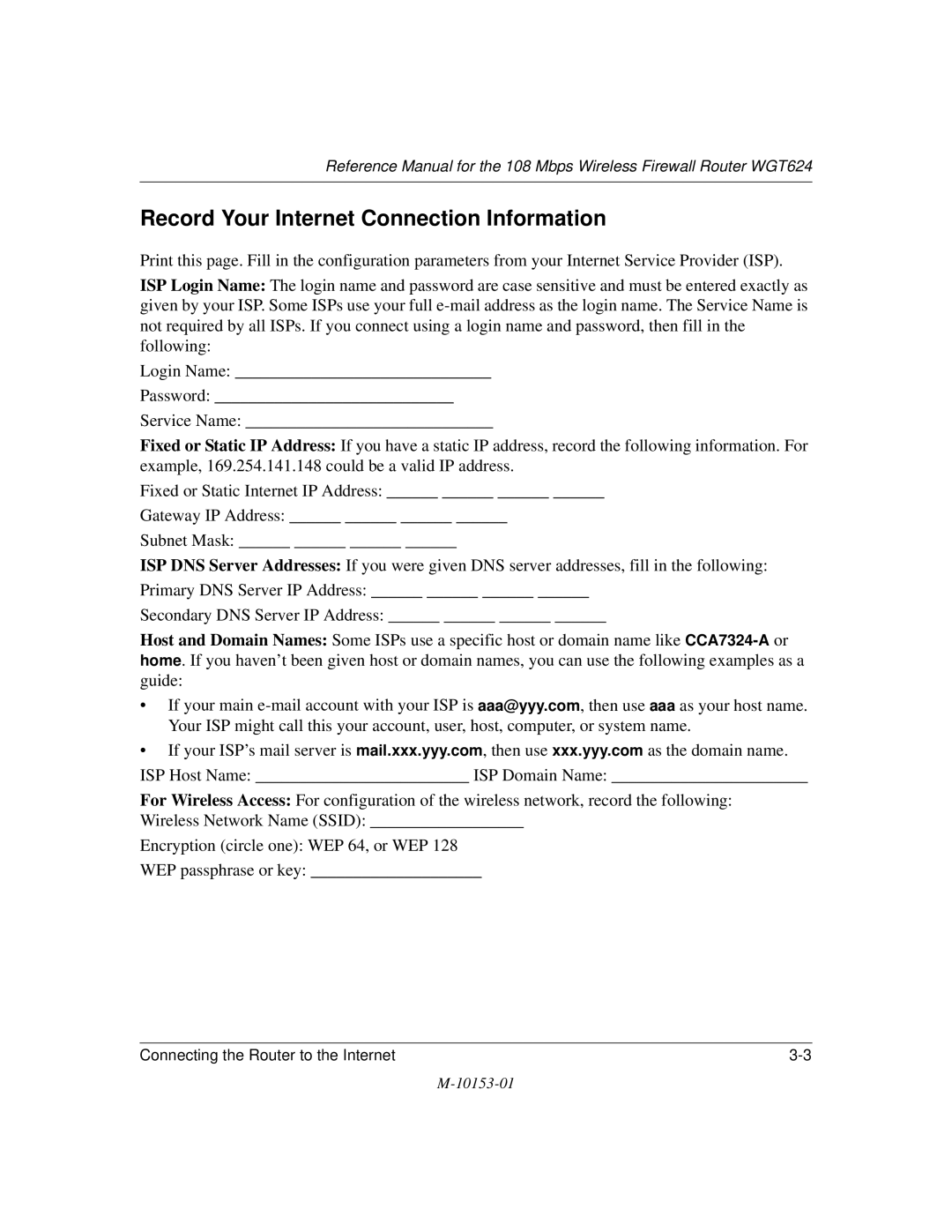 NETGEAR WGT624 manual Record Your Internet Connection Information 