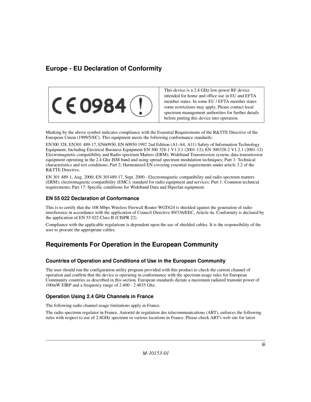 NETGEAR WGT624 manual Europe EU Declaration of Conformity 