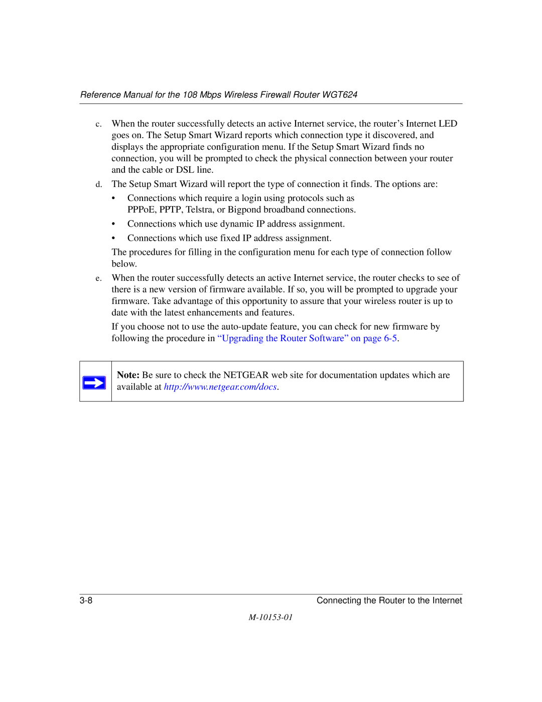 NETGEAR WGT624 manual Connecting the Router to the Internet 