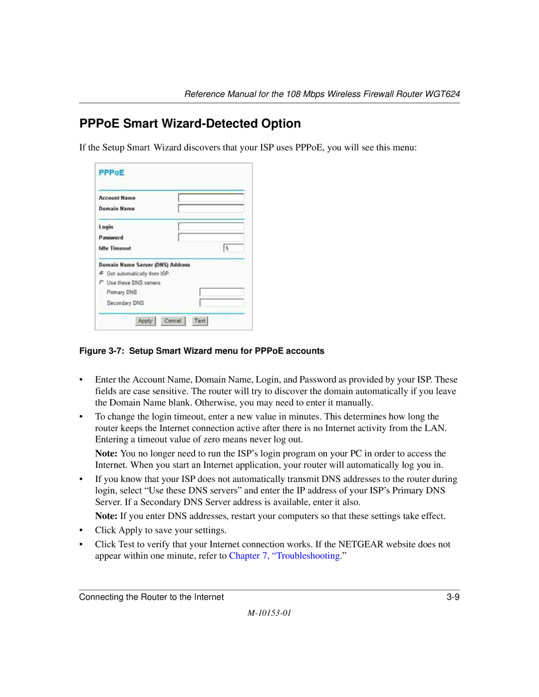 NETGEAR WGT624 manual PPPoE Smart Wizard-Detected Option, Setup Smart Wizard menu for PPPoE accounts 